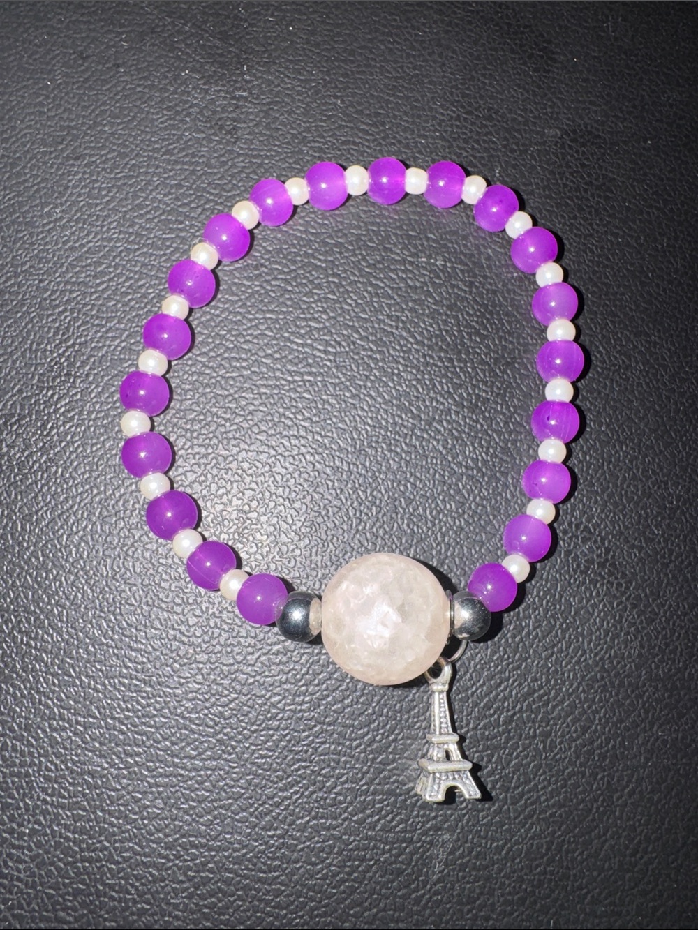 Handmade Purple Bead Bracelet with Rose Quartz Accent and Eiffel Tower Charm